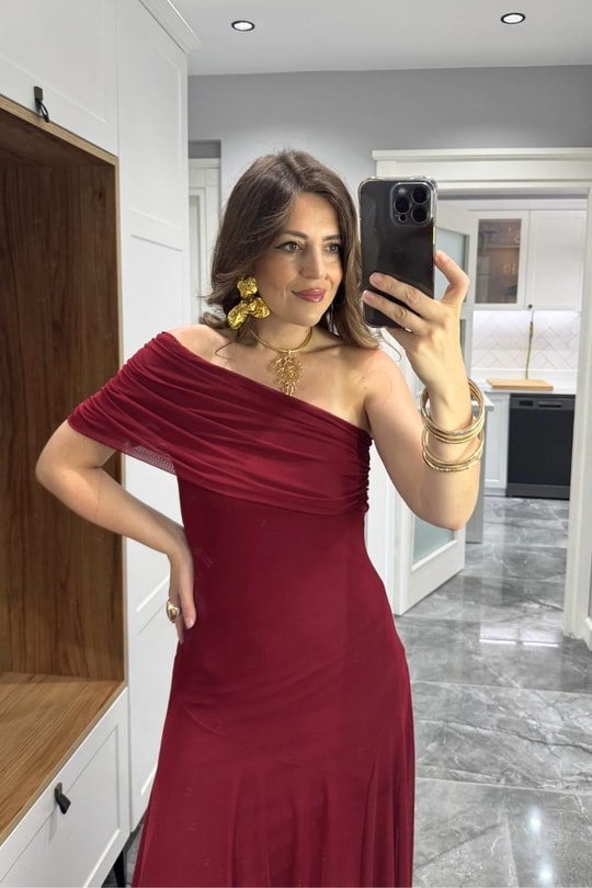 Tek Omuz Astarlı Tül Elbise Bordo