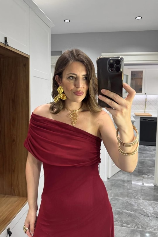 Tek Omuz Astarlı Tül Elbise Bordo
