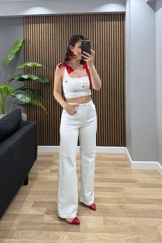 Zr Model Wide Leg Jean Beyaz