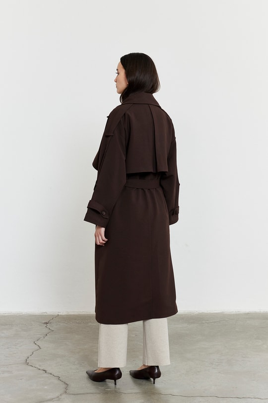 Kol Apoletli Rüzgarlıklı Oversize Trençkot Acı Kahve