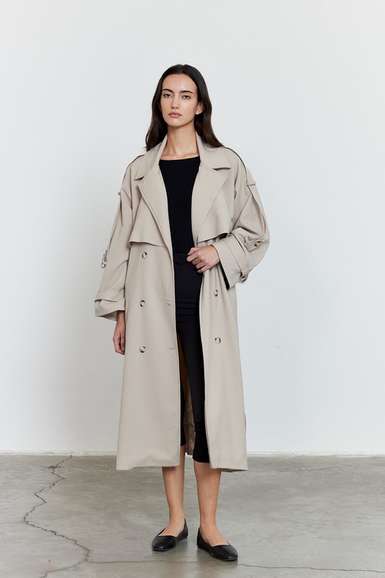 Kol Apoletli Rüzgarlıklı Oversize Trençkot Bej