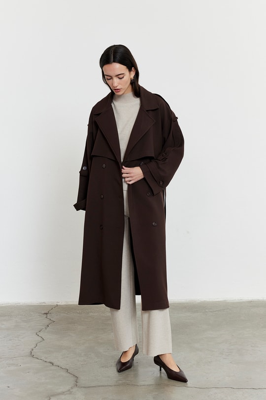 Kol Apoletli Rüzgarlıklı Oversize Trençkot Acı Kahve