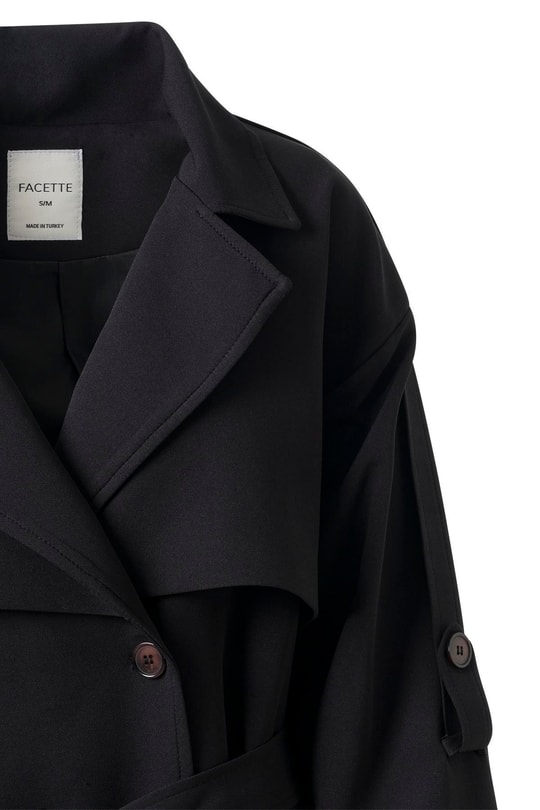 Kol Apoletli Rüzgarlıklı Oversize Trençkot Siyah