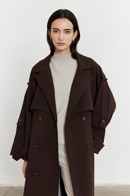 Kol Apoletli Rüzgarlıklı Oversize Trençkot Acı Kahve