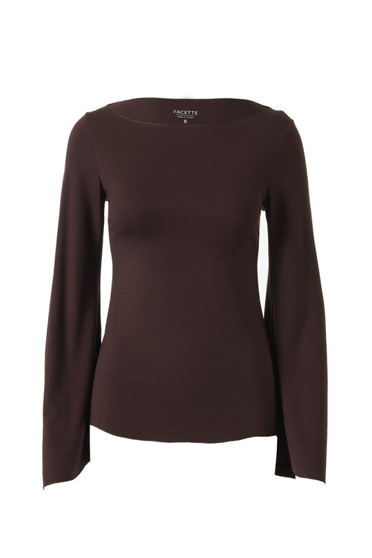 Yarasa Kol Kayık Yaka Bluz Acı Kahve