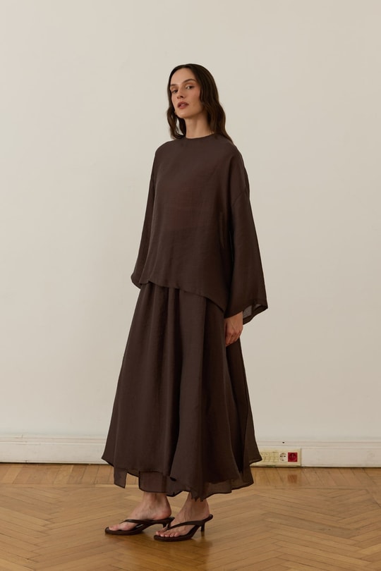 Giada Asymmetric Panel Skirt Set Brown
