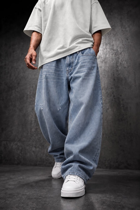 Erkek Açık Mavi Baggy Denim Pantolon