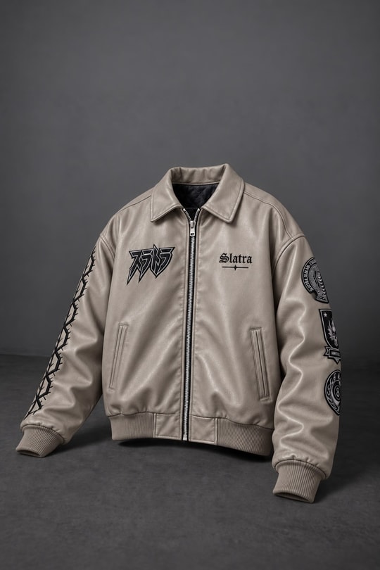 Erkek Bej Suratora Nakışlı Bomber Deri Ceket