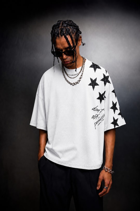 Erkek Beyaz Permission Aplike Nakışlı Oversize Tshirt
