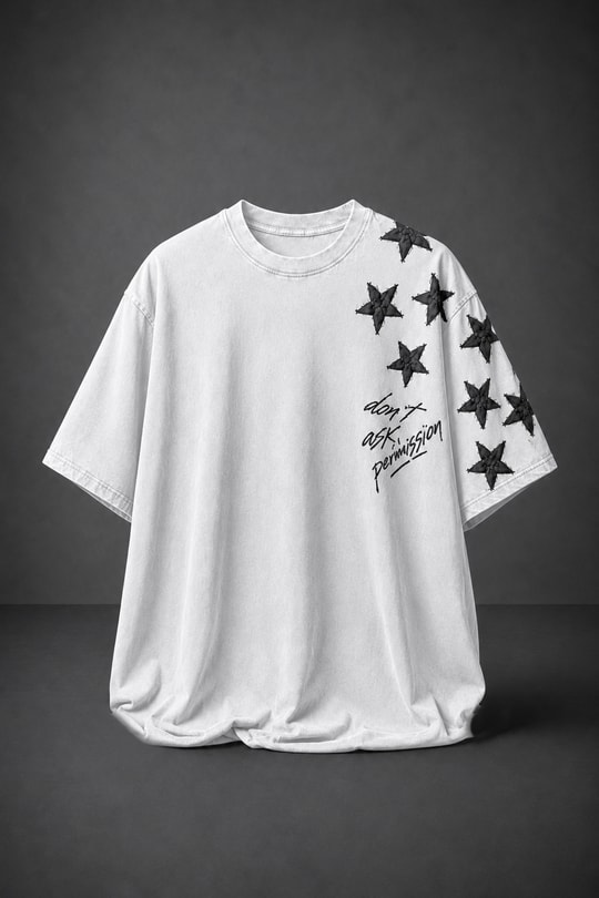 Erkek Beyaz Permission Aplike Nakışlı Oversize Tshirt