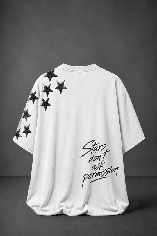 Erkek Beyaz Permission Aplike Nakışlı Oversize Tshirt
