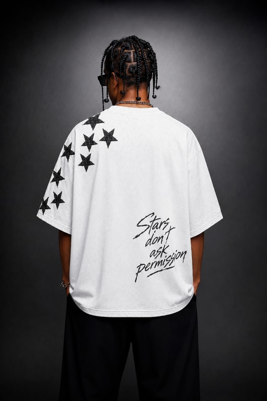 Erkek Beyaz Permission Aplike Nakışlı Oversize Tshirt