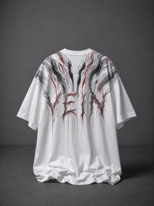 Erkek Beyaz Vein Baskılı Oversize Tshirt