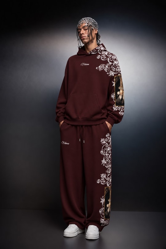 Erkek Bordo Victories Kol Patch Oversize Hoodie