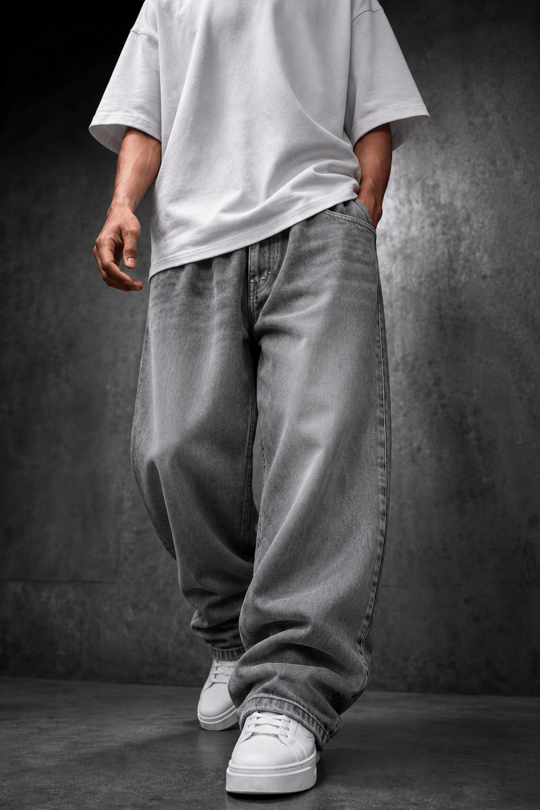 Erkek Gri Baggy Denim Pantolon