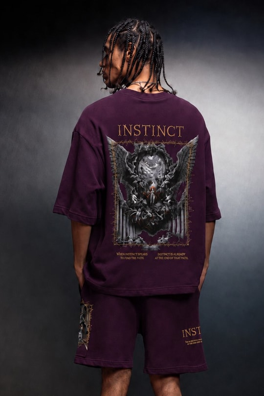 Erkek Mürdüm İnstinct Patch Nakışlı Oversize Tshirt