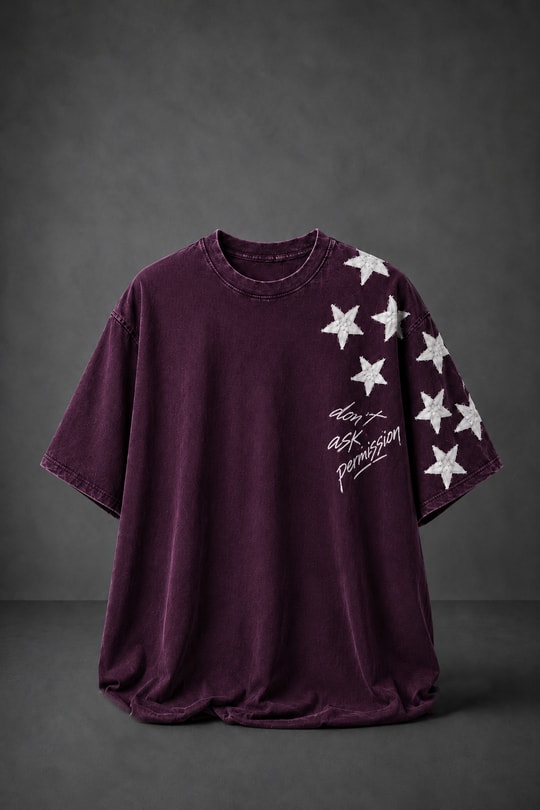 Erkek Mürdüm  Permission Aplike Nakışlı Oversize Tshirt