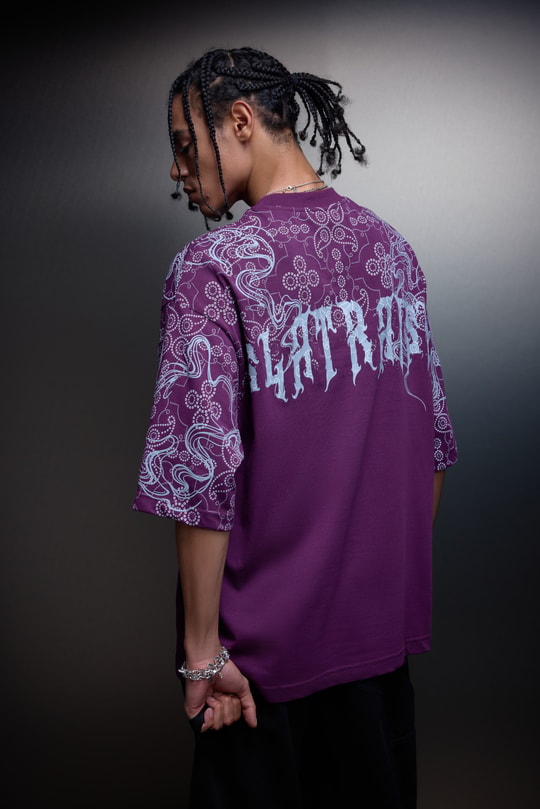 Erkek Mürdüm Slatraism Kabartma Baskılı Oversize Tshirt