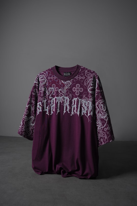Erkek Mürdüm Slatraism Kabartma Baskılı Oversize Tshirt