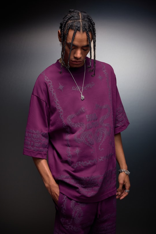 Erkek Mürdüm Soul Glitch Kabartma Baskılı Oversize Tshirt