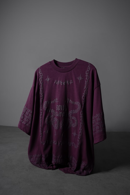 Erkek Mürdüm Soul Glitch Kabartma Baskılı Oversize Tshirt