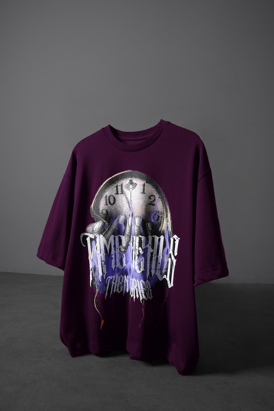 Erkek Mürdüm Time Heals Baskılı Oversize Tshirt