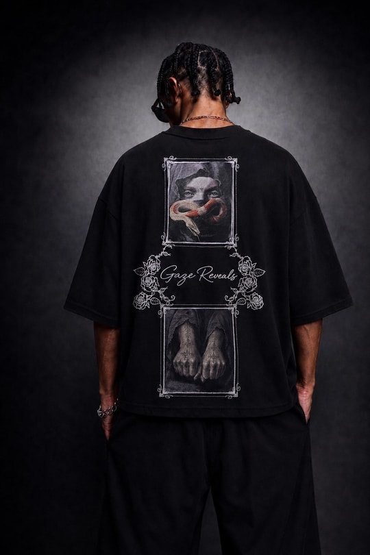 Erkek Siyah Gaze Reveals Kadife Patch Oversize Tshirt