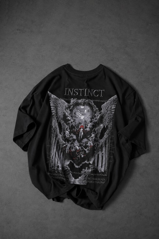 Erkek Siyah İnstinct Patch Nakışlı Oversize Tshirt