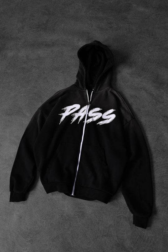 Erkek Siyah Pass Full Zip Özel Yıkamalı Oversize Kapüşonlu Sweatshirt