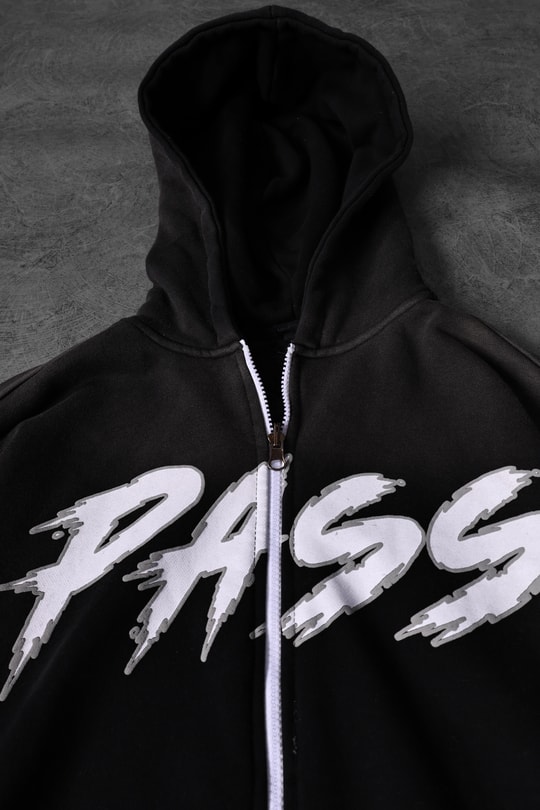 Erkek Siyah Pass Full Zip Özel Yıkamalı Oversize Kapüşonlu Sweatshirt