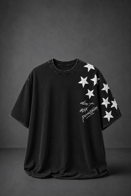 Erkek Siyah Permission Aplike Nakışlı Oversize Tshirt