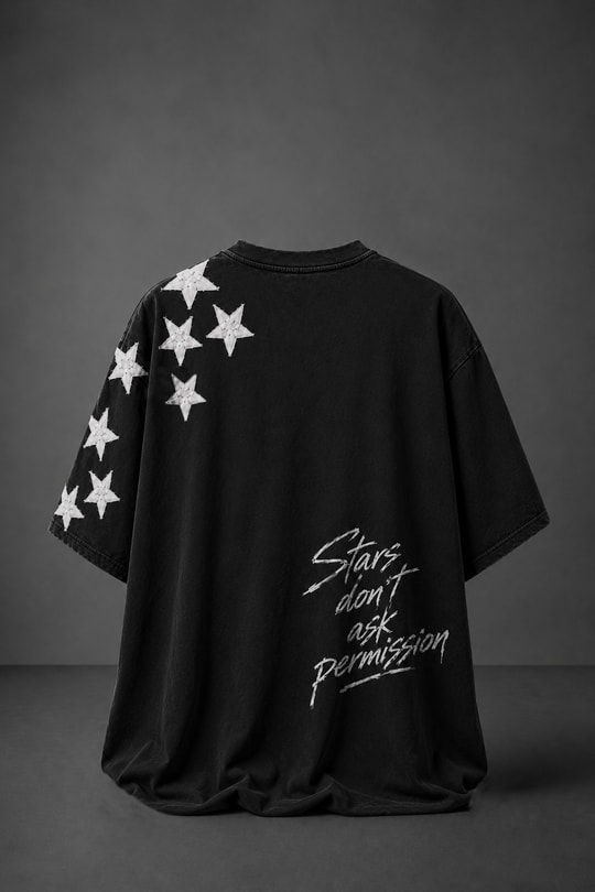 Erkek Siyah Permission Aplike Nakışlı Oversize Tshirt