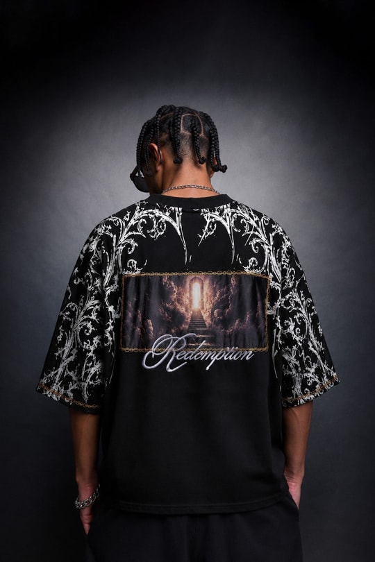 Erkek Siyah Redemption Patchli Baskılı Oversize Tshirt