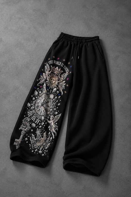 Erkek Siyah Universal Nakışlı Baggy Eşofman