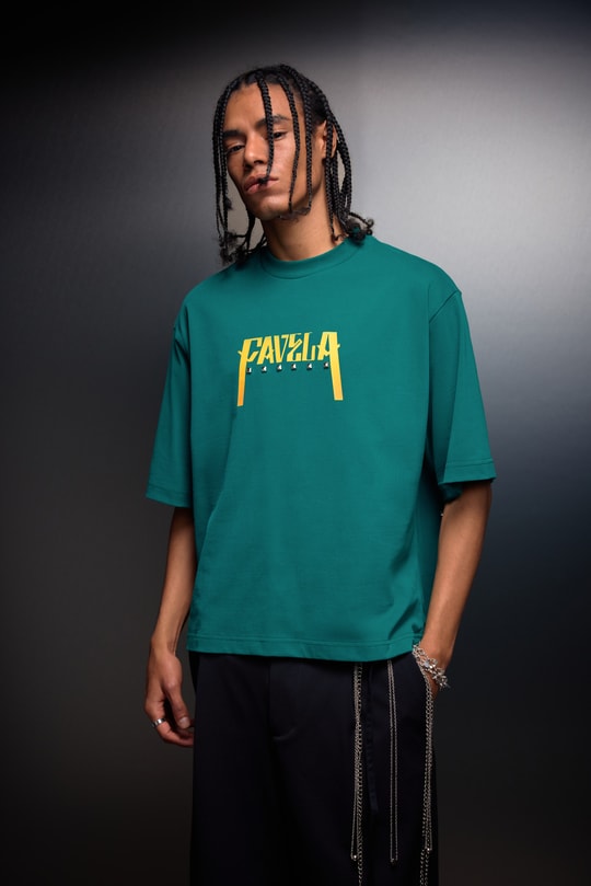 Erkek Slatra Yeşili Favela Baskılı Zımbalı Box Fit Tshirt