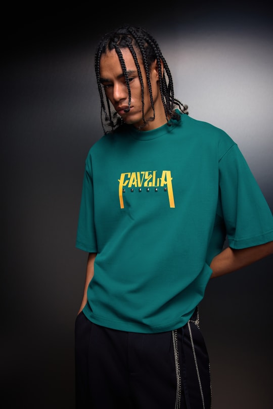 Erkek Slatra Yeşili Favela Baskılı Zımbalı Box Fit Tshirt