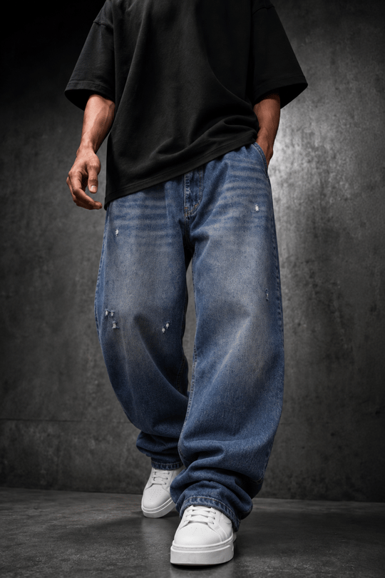 Erkek Vintage Mavi Baggy Denim Pantolon