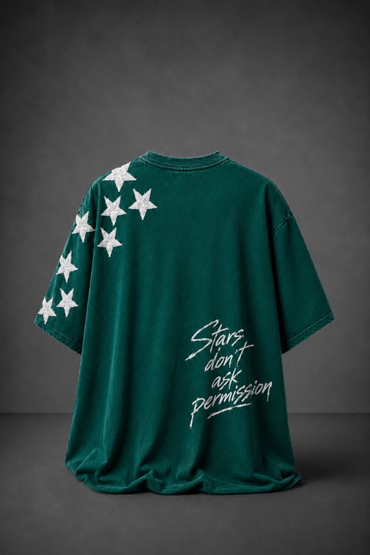 Erkek Yeşil Permission Aplike Nakışlı Oversize Tshirt