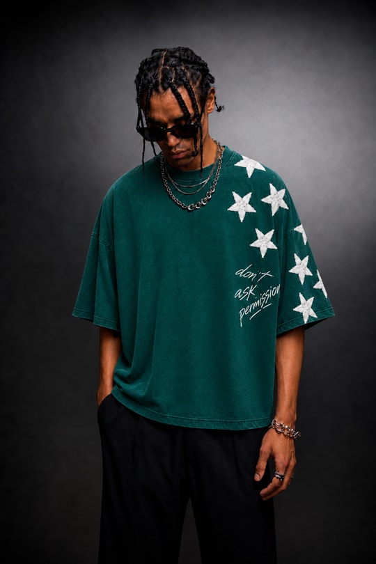 Erkek Yeşil Permission Aplike Nakışlı Oversize Tshirt