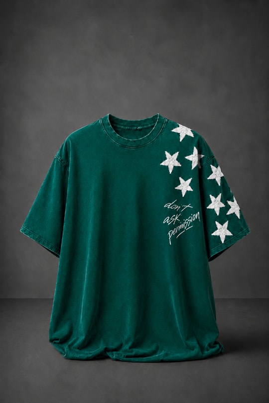 Erkek Yeşil Permission Aplike Nakışlı Oversize Tshirt