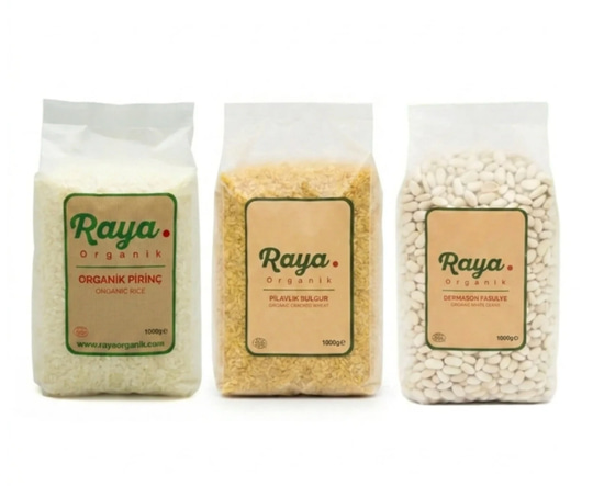 Organik Pirinç 1 kg - Organik Pilavlık Bulgur 1 kg - Organik Kuru Fasulye 1 kg 3'lü Set