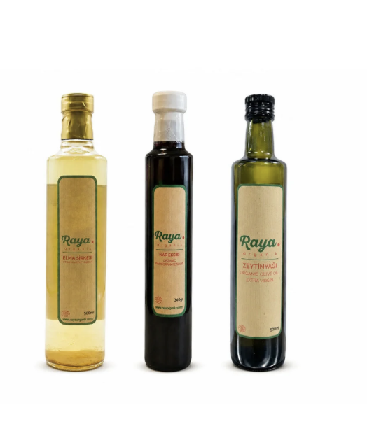 Organik Zeytin Yağı 500 gr -Organik Nar Ekşisi 340 gr - Organik Elma sirkesi 500 gr 3'lü Set Salata Paketi