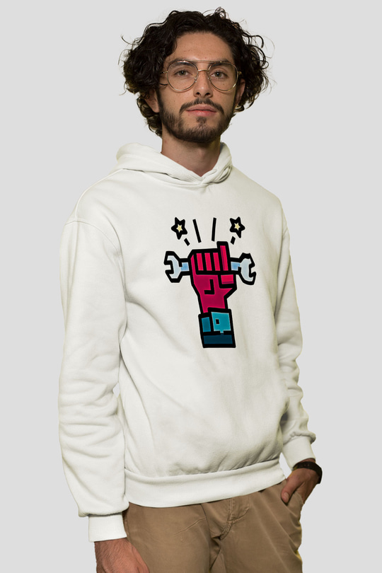 1 Mayıs Baskılı Beyaz Unisex Hoodie