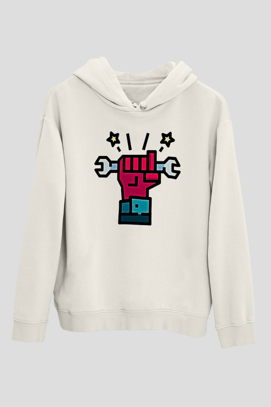 1 Mayıs Baskılı Beyaz Unisex Hoodie