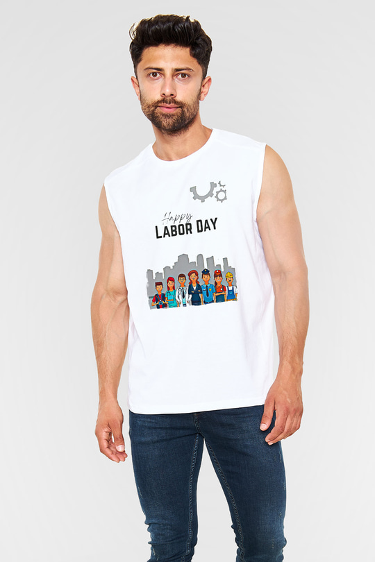 1 Mayıs Baskılı Beyaz Unisex Kolsuz Tişört - Tshirt