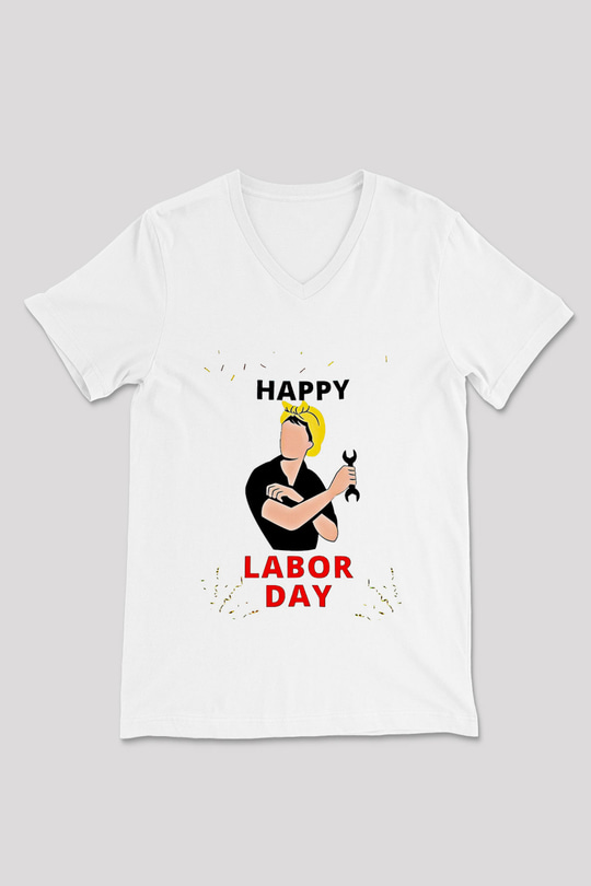 1 Mayıs Baskılı Beyaz Unisex V Yaka Tişört - Tshirt