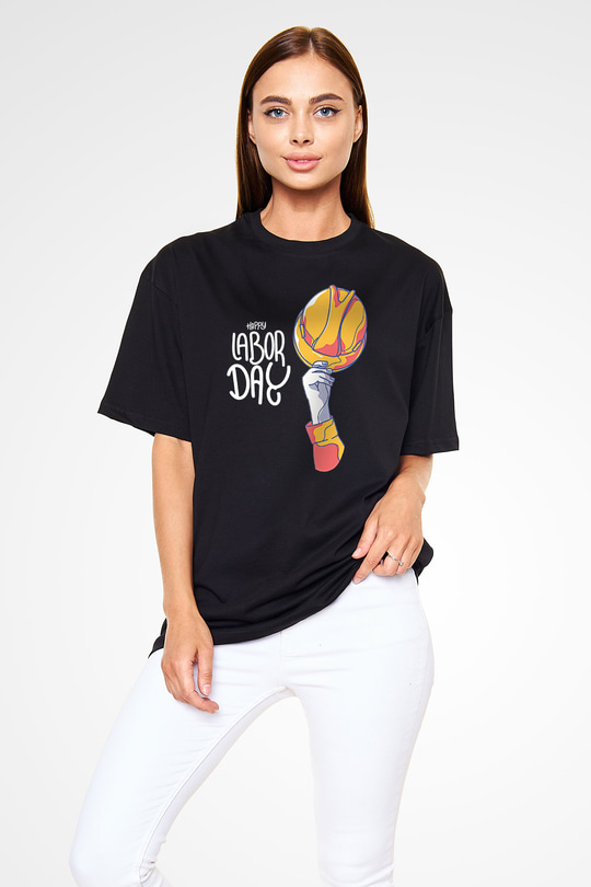 1 Mayıs Baskılı Unisex Siyah Oversize Tişört - Tshirt