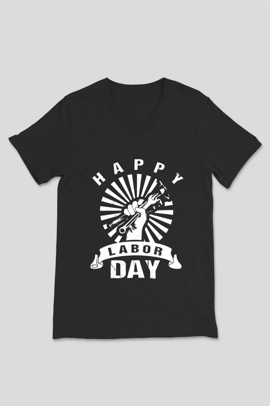 1 Mayıs Baskılı Unisex Siyah V Yaka Tişört - Tshirt