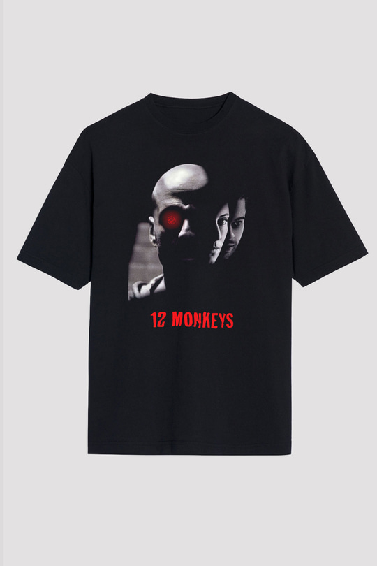 12 Maymun (12 Monkeys) Baskılı Unisex Siyah Oversize Tişört - Tshirt