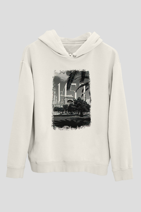 1453 Baskılı Beyaz Unisex Hoodie